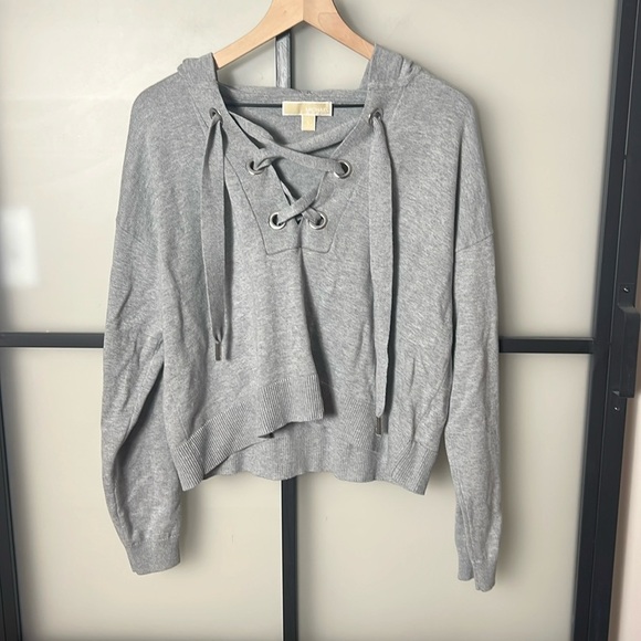 Michael MICHAEL KORS Wms Gray Hooded Pullover Sweater Hockey Lace Up Size Large - Picture 1 of 8